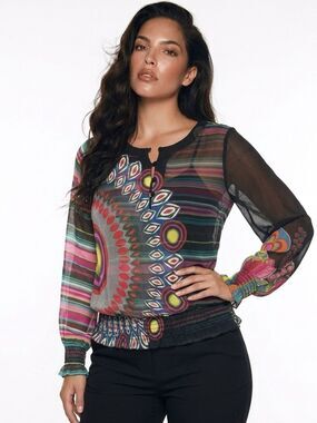 DESIGUAL | Colorful Sheer Top Elastic Waist Small